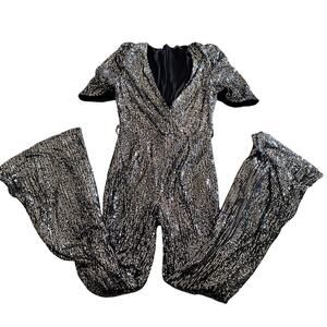 Valentine Sequin Jumpsuit Silver Black Size Large Formal Sparkle NEW